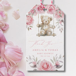 Rodnad Blommig Teddybjörn Baby Flicka Tack Presentetikett