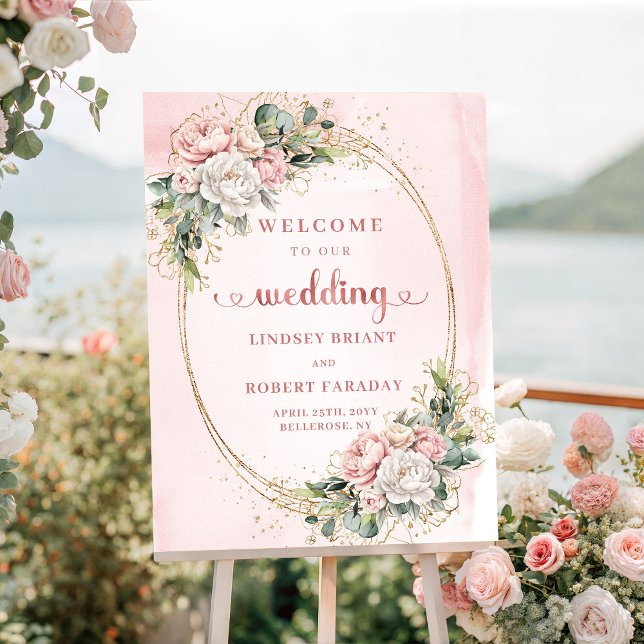 Rodnad Dammt Rosa Boho Grönska Blommig Bröllop Poster (Blush Pink Dusty Rose Boho Greenery Floral Wedding Welcome)