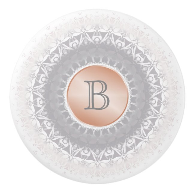 Rodnad Grå Vit Roséguld Mandala Monogram Knopp (Framsidan)