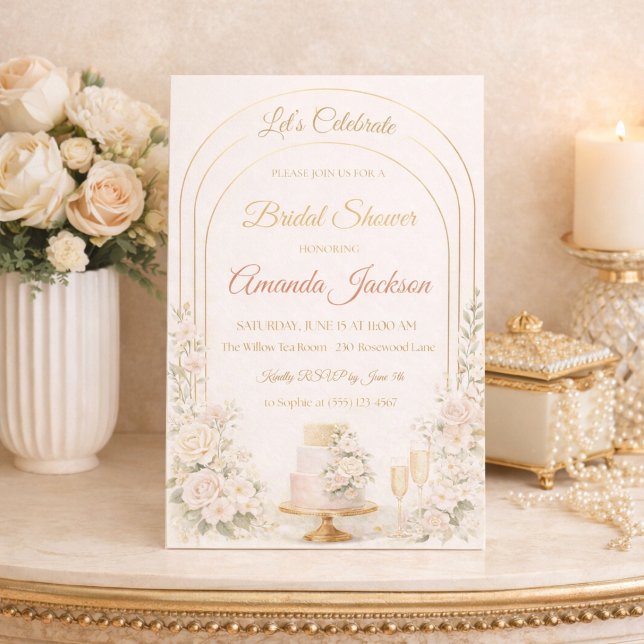 Rodnad Guld Båg Chic Inbjudan (Blush florals and gold arch lines set the tone for a refined bridal shower gathering)