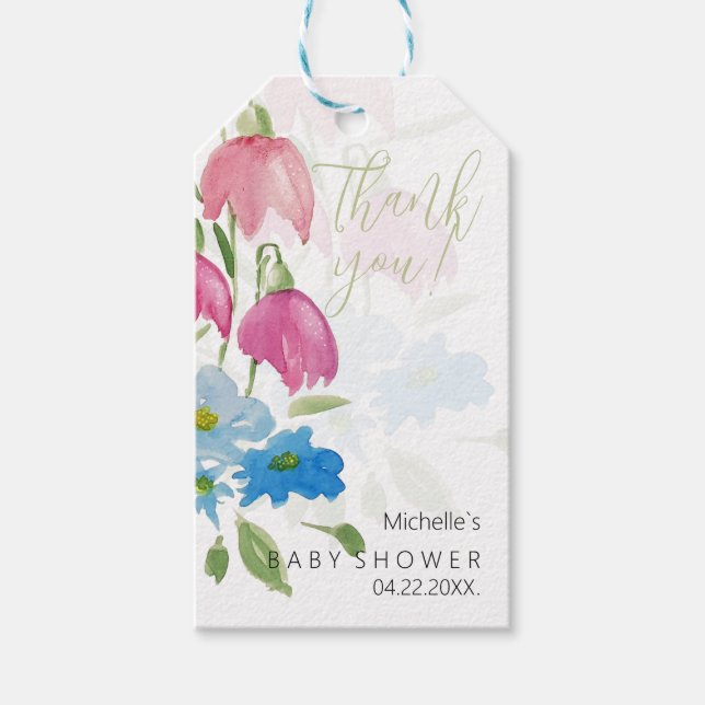 Rodnad Och Blå Flotal Vårvattenfärg Blommor Presentetikett (Framsidan)