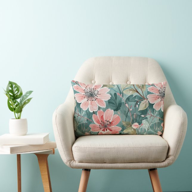 Rodnad och Teal Vintage Modern Blomma Lumbarkudde (Stol)