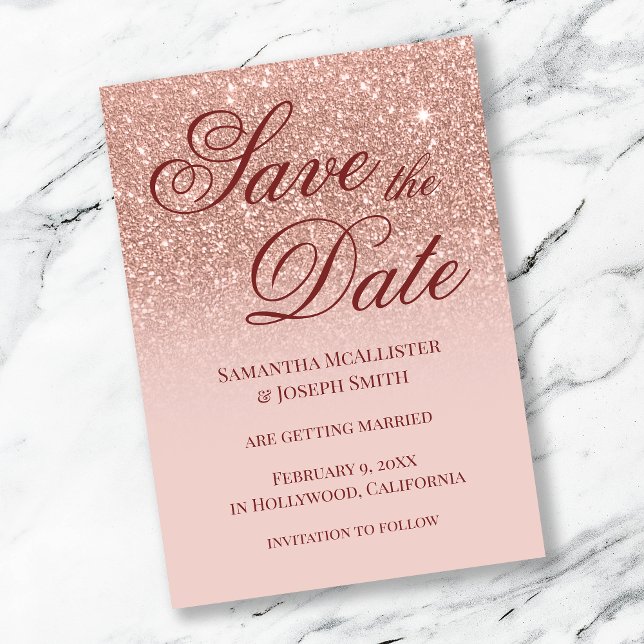 Rodnad Ombre Rosa Guld Glitter Spara Datum Inbjudningar (Skapare uppladdad)