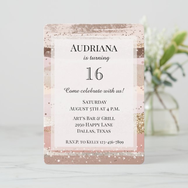 Rodnad Ros Rosa Choklad Guld Glitter Födelsedag Inbjudningar (Stående Fram)