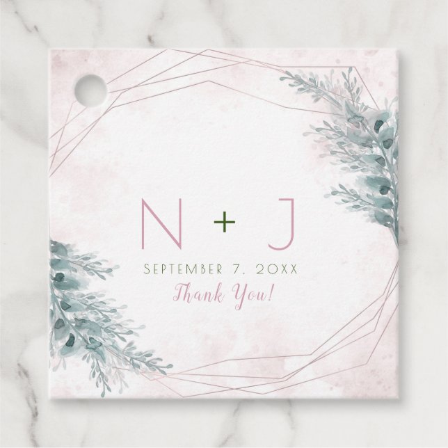 Rodnad Rosa Akvarell Geometrisk Botanisk Bröllop Gåvor Etiketter (Framsida)