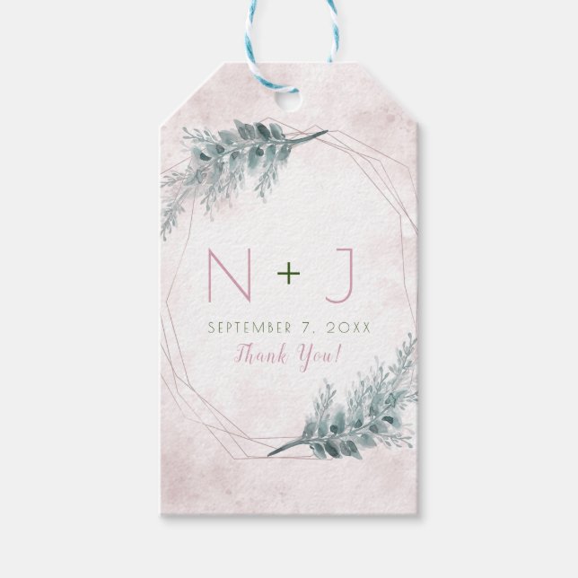 Rodnad Rosa Akvarell Geometrisk Botanisk Bröllop Presentetikett (Framsidan)