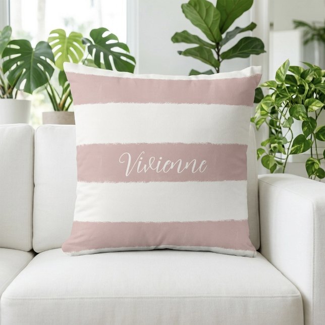 Rodnad Rosa Akvarell Ränder Monogram Namn Kudde (Blush Pink Watercolor Stripes Monogram Name Throw Pillow)