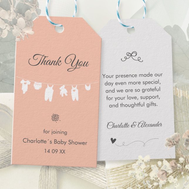 Rodnad Rosa Boho Elegant Tack Babyflicka Bebisdopp Presentetikett (Blush Pink Boho Elegant Thank You Baby Girl Shower Gift Tags ©Susanne Sachers - Sunny Mind 🌞)