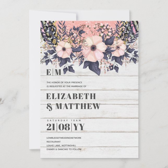 Rodnad Rosa Dammig Blå RosenGuld Blommig Bröllop C (Framsida)