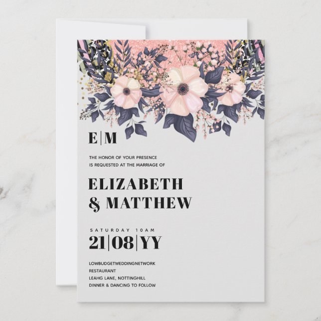 Rodnad Rosa Dammig Blå RosenGuld Blommig Bröllop E (Framsida)