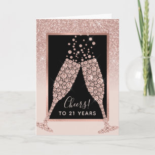 Rodnad Rosa Glitter Champagne Skål 21-årsdag Kort