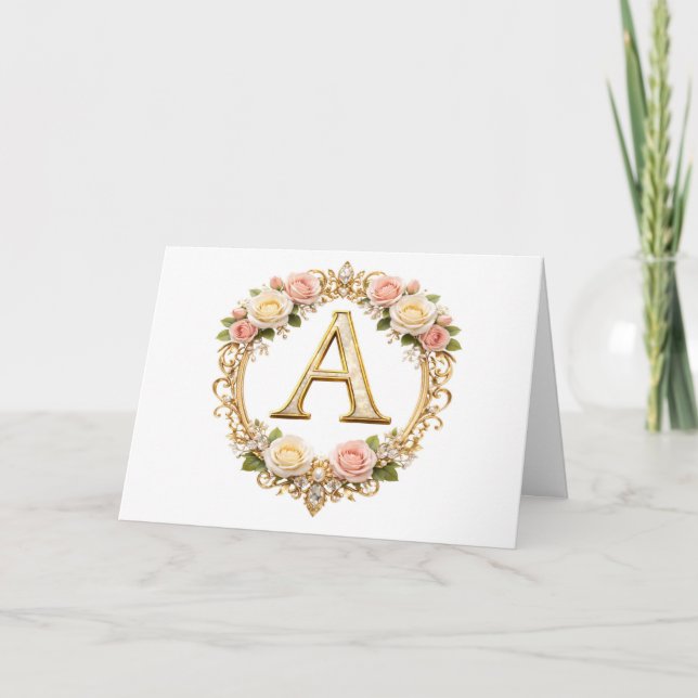 Rodnad Rosa Guld Blommig Monogram Bokstav A Bröllo Tack Kort (Framsida)