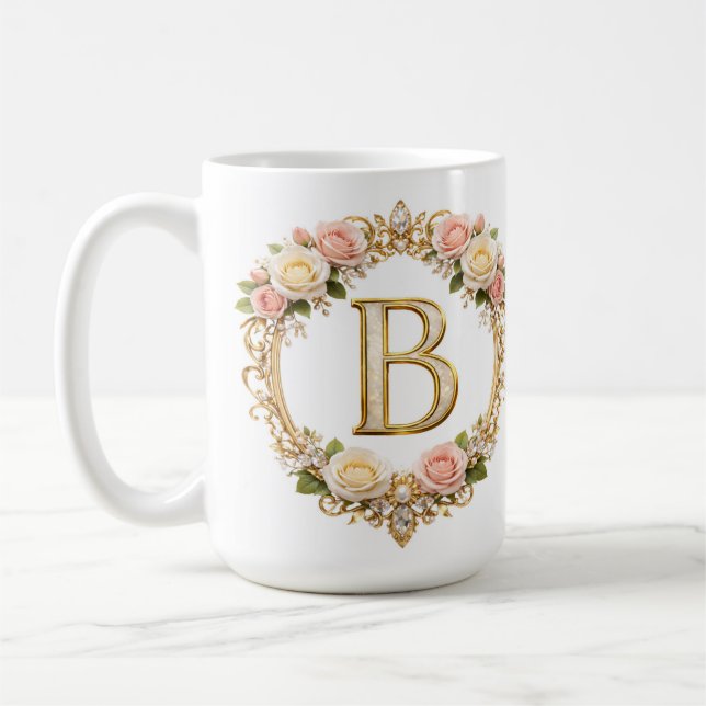 Rodnad Rosa Guld Blommig Monogram Bokstav B Bröllo Kaffemugg (Vänster)