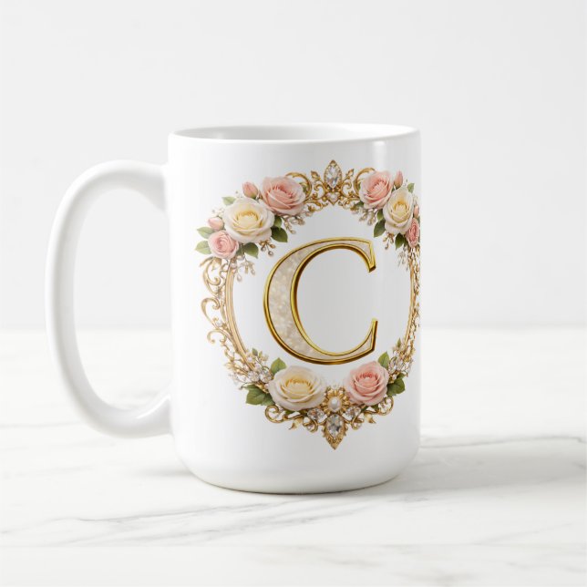 Rodnad Rosa Guld Blommig Monogram Bokstav C Bröllo Kaffemugg (Vänster)