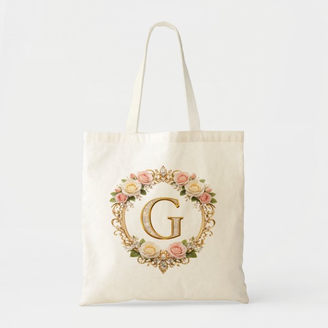 Rodnad Rosa Guld Blommig Monogram Bokstav G Bröllo Tygkasse (Framsidan)