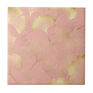 Rodnad Rosa Guld Ginkgo Blad Elegant Botanisk 3 Kakelplatta