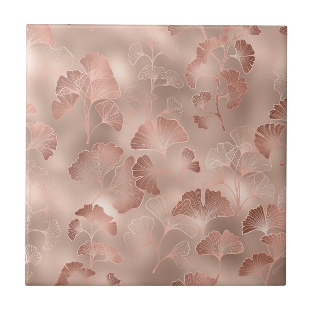 Rodnad Rosa Guld Ginkgo Blad Elegant Botanisk Kakelplatta (Framsidan)