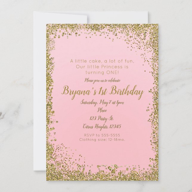 Rodnad Rosa & Guld Glitter Glam 1-års Födelsedagsf Inbjudningar (Framsida)