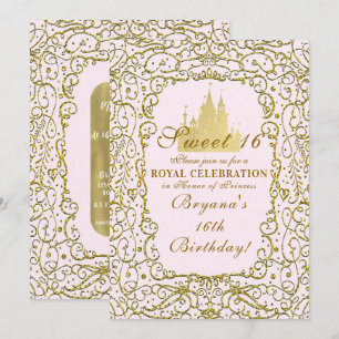 Rodnad Rosa & Guld Kungligt Slott Prinsessa Sweet Inbjudningar