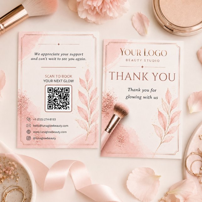 Rodnad Rosa Guld QR Salong Tack Kort (Blush Rose Gold QR Beauty Thank You Card Template for Salon Branding)