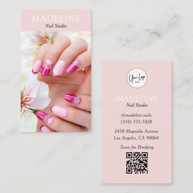 Rodnad Rosa Nagelkonstnär Logo Foto QR-kod Visitkort (Fram/baksida)