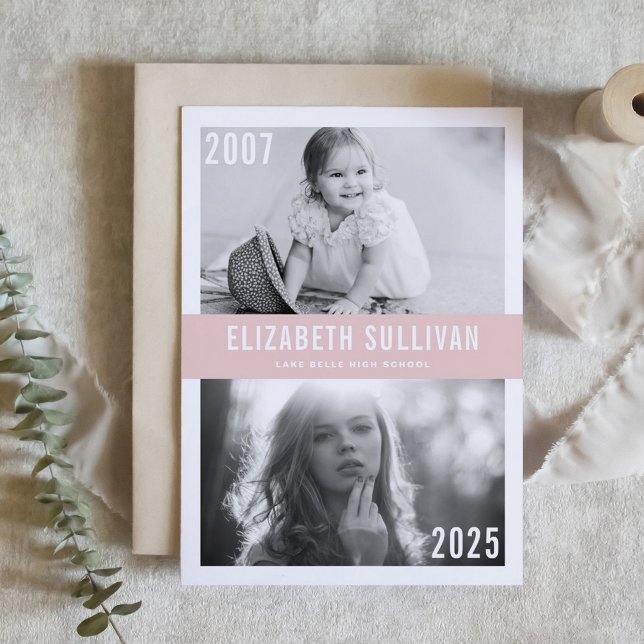 Rodnad Rosa Nu Och Då Foto Collage Examen Inbjudningar (Customizable 'Then and Now' Photo Graduation Invitation with blush background – Personalized Invite)