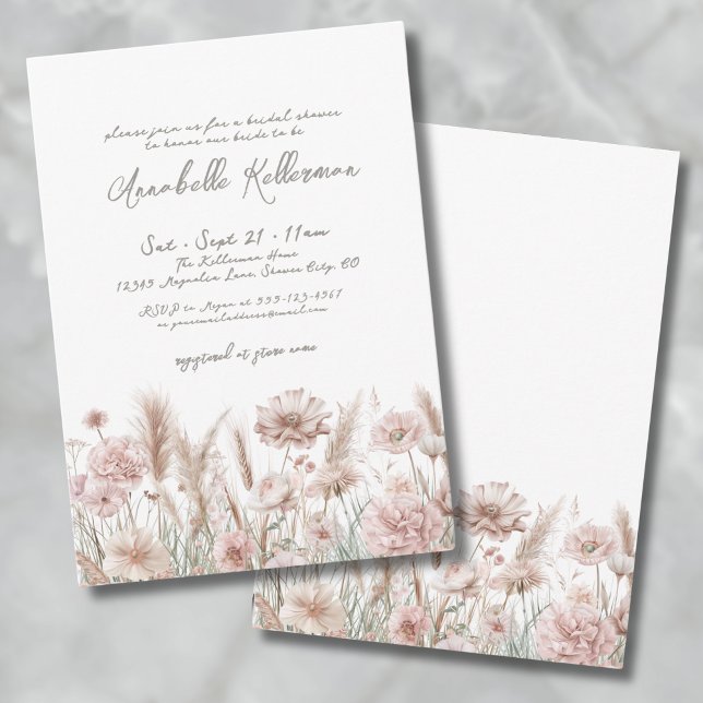 Rodnad Rosa Pampas Blommig Boho Bröllopsdusch Inbjudningar (Blush Pink Pampas Floral Boho Bridal Shower Invitation )