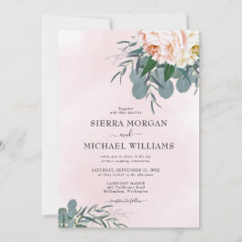 Rodnad Rosa Pion Vattenfärg Eukalyptus Bröllop Inbjudningar