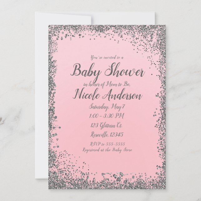Rodnad Rosa Silver Glitter Glam Modern Bebisbadet Inbjudningar (Framsida)