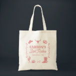 Rodnad Rosa Sista Rodeo Cowgirl Möhippa Fest Tygkasse<br><div class="desc">Denna rosa totebag för sidgehen med motivet "Last Rodeo Cowgirl Bachelorette Party" har en handritad layout med handritade illustrationer och en västerländsk teckensnitt! Du har friheten att skapa något som är unikt för dig! Du kan enkelt redigera text och färger för att matcha din stil! Text- och bakgrundsfärger är helt...</div>