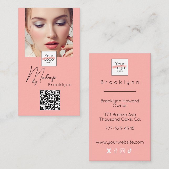 Rodnad Rosa Skriptlogotyp QR-kod Foto Smink Visitkort (Fram/baksida)