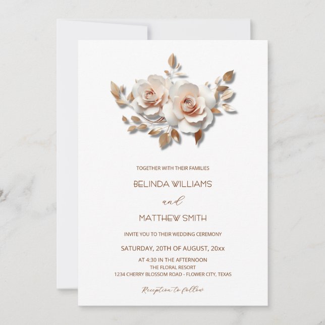 Rodnad  Rose Guld 3D Blommor Enkel Inbjudningar (Framsida)
