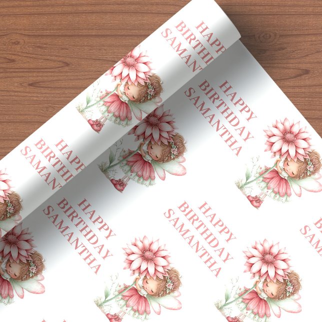 Rodnad Sagoprinsessa Whimsical Blommig Födelsedags Presentpapper (Floral Fairy Girl Blush Pastel Birthday Wrapping Paper)