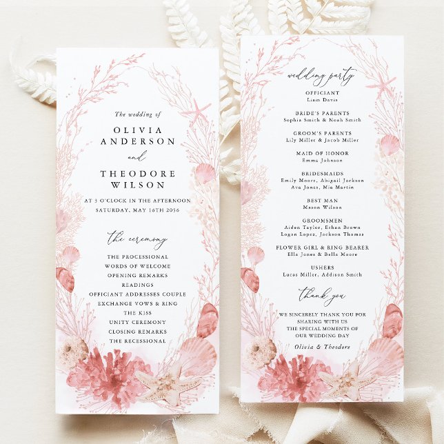 Rodnad Strand Kust Snigelskal Bröllopsceremoni Program (Blush beach coastal wedding program ceremony timeline wedding party cards pink seashell stationery)