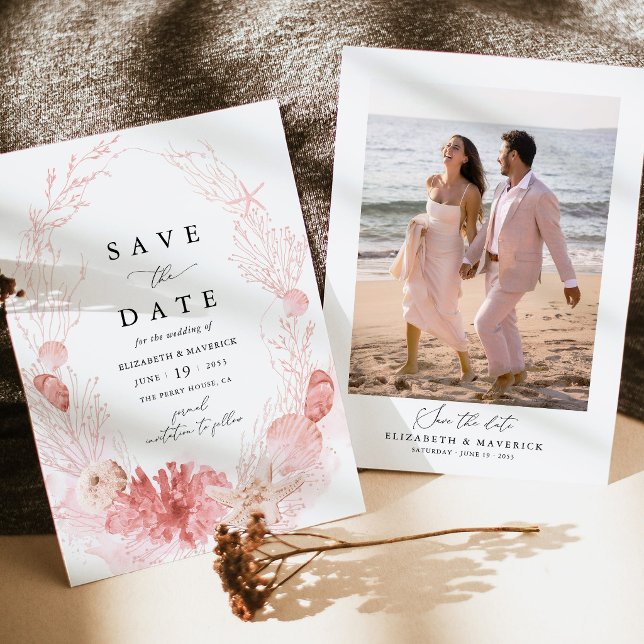 Rodnad Strand Kust Snigelskal Foto Bröllop Spara Datumet (Coastal Blush Photo Save the Date Card Pink Seashell Beach Destination Wedding Stationery)
