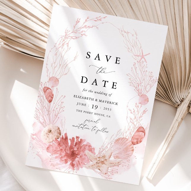 Rodnad Strand Kustliga Snigelskal Bröllop Spara Datumet (Blush Coastal Seashell Save the Date Card Pink Beach Destination Wedding Stationery)