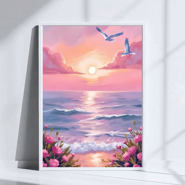 Rodnad Strand | Rosa Hav Solnedgång Kust Akvarell Poster (Skapare uppladdad)