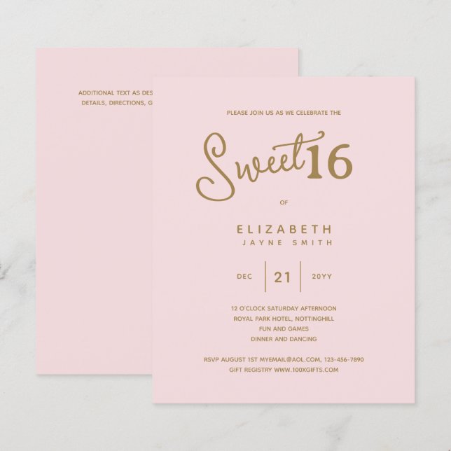 Rodnad SWEET 16 Modern Elegant Budget Födelsedag (Fram/baksida)