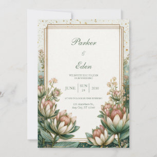 Rodnad Teal Astrantia Guld Folie Bröllop Inbjudningar