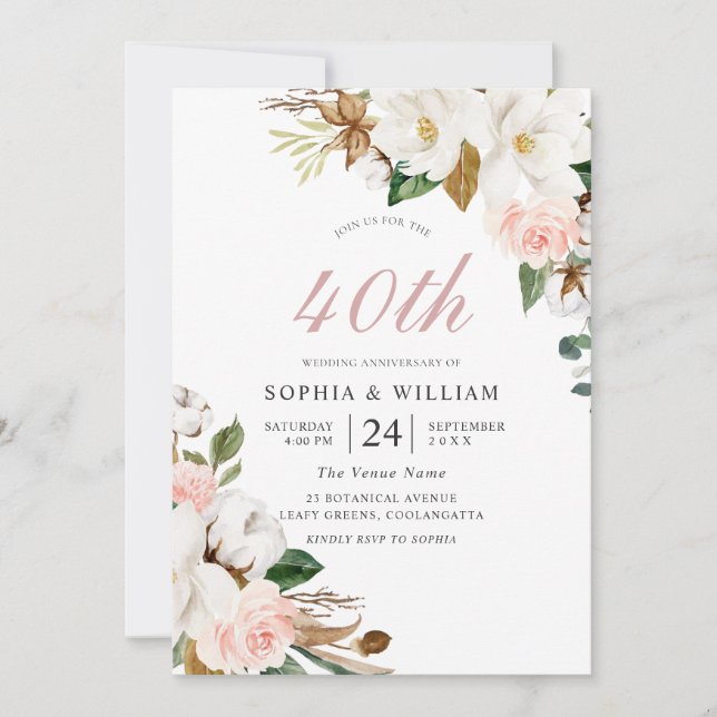 Rodnad & Vita Blommor 40-års Bröllopsjubileum Inbjudningar (Framsida)