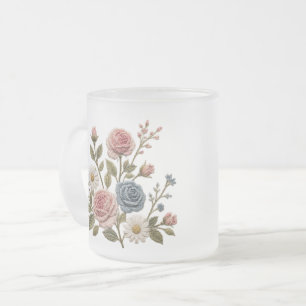 Rodnade & Blå Broderade Rosor Frostad Glasmugg