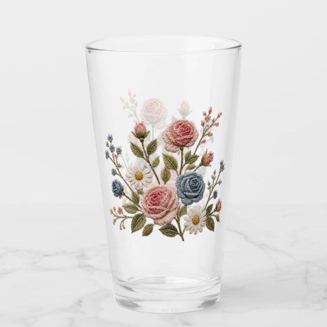 Rodnade & Blå Broderade Rosor Glaskopp (Framsida)