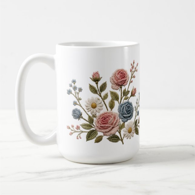Rodnade & Blå Broderade Rosor Kaffemugg (Vänster)