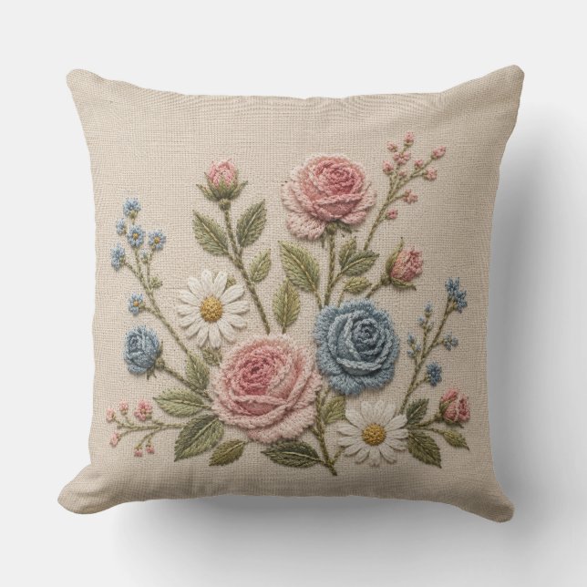 Rodnade & Blå Broderade Rosor Kudde (Framsida)