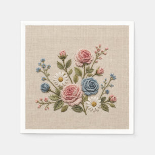 Rodnade & Blå Broderade Rosor Pappersservett