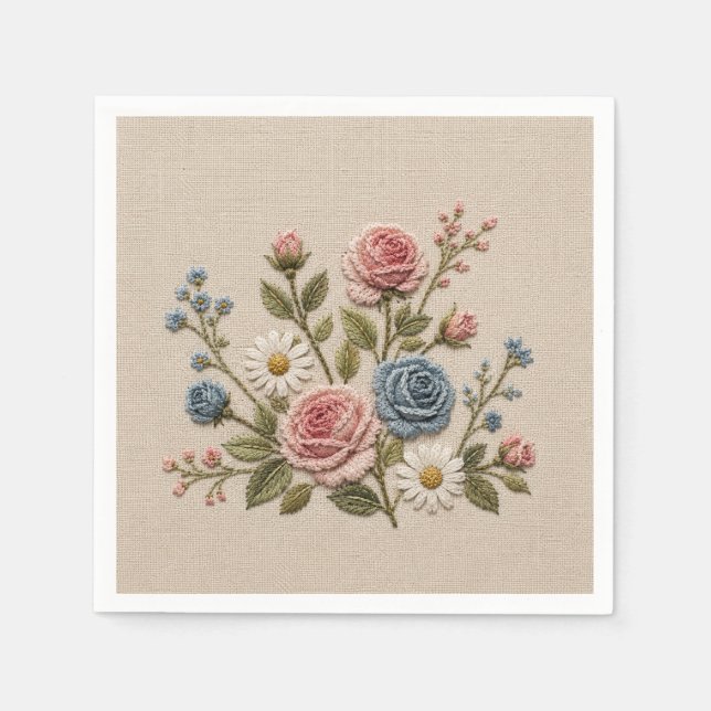 Rodnade & Blå Broderade Rosor Pappersservett (Framsidan)