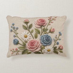 Rodnade & Blå Broderade Rosor Prydnadskudde