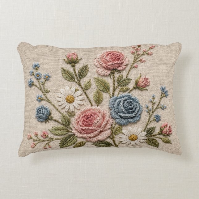 Rodnade & Blå Broderade Rosor Prydnadskudde (Framsidan)