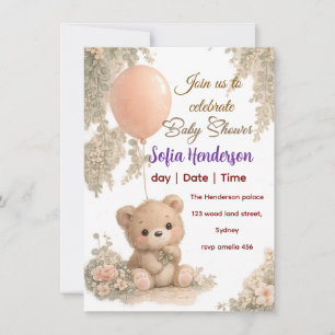 Rödnande Björn Mjuk Vattenfärg blommig babyfirande Inbjudningar