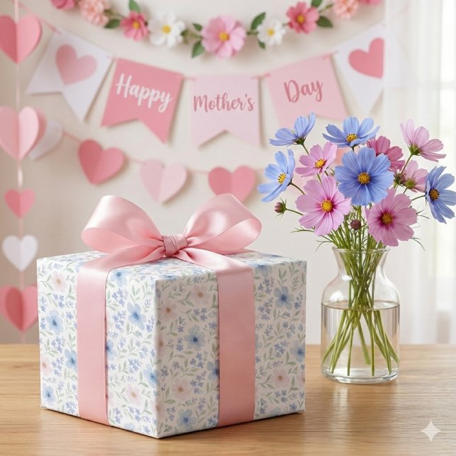 Rodnande Blått Akvarell Blommor Slår Ut Presentpapper (Floral watercolor gift wrap with pink bow, cosmos bouquet, and soft Mother's Day backdrop.)
